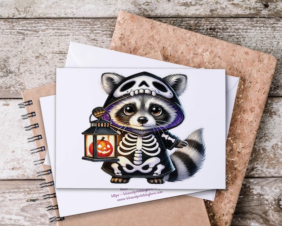 Kawaii Skeleton Raccoon Notecard Set: Spooky Summerween Snail Mail