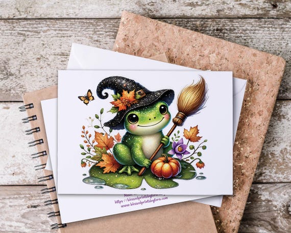 Kawaii Frog Witch Notecard Set, Everyday Notecards, Blank Notecards, Just Because Card, Cute Frog, Snail Mail, Summerween,  Toad Card, HN75