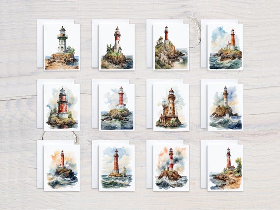 Assorted Lighthouse Notecard Set, Watercolor Cards, Blank Notecards, Beach Stationery, All Occasion Cards, Birthday Card Pack, CS234