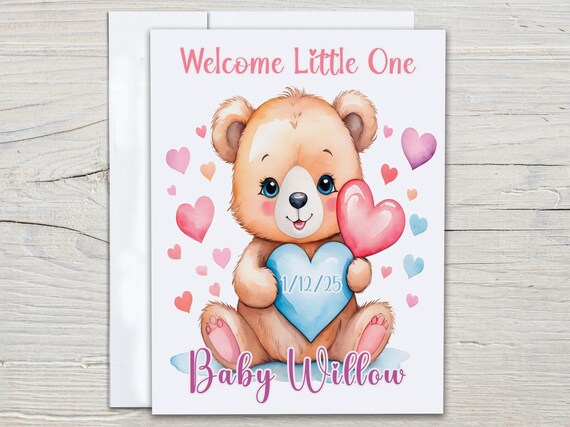 Personalized New Baby Card, Cute Bear Design, Welcome Little One, Baby Name Card, Baby Announcement, Newborn Card, Congratulations, NB4