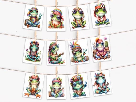 Assorted Cards, Cute Hippie Frog Note Cards, Card Assortment Variety Pack, Blank Notecards, Happy Birthday Card, Greeting Card Set, CS54
