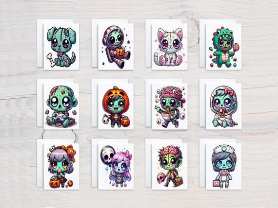 Cute Zombie Notecards, Card Assortment, Variety Pack, Everyday Cards, All Occasion Cards, Just Because Card, Halloween Stationary, CS385