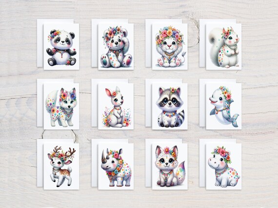 Cute Watercolor Animals Assorted Cards, Card Assortment, Varied Blank Notecard Set, All Occasion, Just Because Cards, Thankyou Notes, CS143