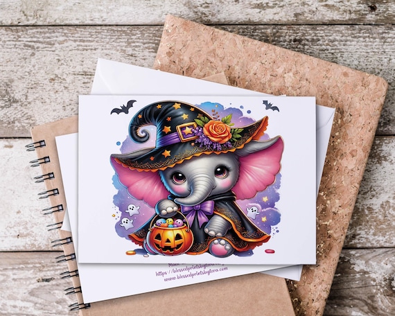 Kawaii Witch Elephant Notecard Set, Cute Elephant Notecards, Snail Mail, Everyday Notecards, All Occasion Cards, Summerween, Halloween, HN62