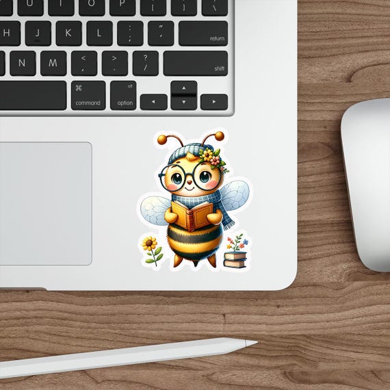 Cute Kawaii Bee Sticker |  Vinyl Book Lover Decal | Die-Cut Reading Animal for Laptop, Planner | Adorable Back to School Gift, VN79