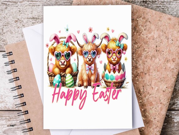 Easter Card, Cute Highland Cows, Bunny Ears, Easter Cows, Happy Easter Day, Easter Greeting Card, Cute Easter Card for Niece, GC5