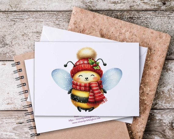 Kawaii Christmas Bee Notecard Set, Christmas Stationary, Winter Greeting Cards, Blank Notecards, Bee Lover Gift, Holiday Thank You,