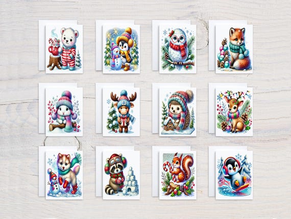 Cute Winter Animals Notecards Set, Christmas Notecards, Winter Greeting Card, Snail Mail, Snow Scene, Arctic Animals, Blank Notecard, CS381