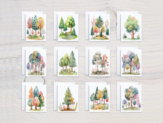 Watercolor Tree Card Assortment, All Occasion Cards, Notecard Set, Assorted Cards, Blank Notecards, Variety Pack, Birthday Card Pack, CS134
