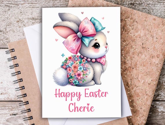 Cute Happy Easter Card with Bunny, Easter Greeting Card, Kids Easter Card, Personalized Fun Easter Card,  Granddaughter Easter Card, GC13