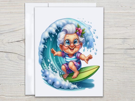 Surfing Granny Notecard Set, Everyday Card, Snail Mail, Just Because Card, Blank Notecards, Gran Birthday Card, Happy Bday Card, EC89