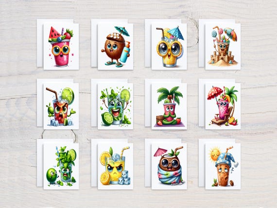 Kawaii Summer Drinks Notecard Set, Card Assortment, Get Well Soon Card, Bulk Cards, Assorted Cards, Cute Stationary, Variety Set, CS229