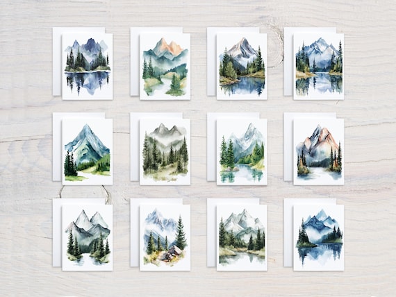 Assorted Notecards Set, Watercolor Lake Cards, Mountain Landscape Pack, All Occasion Cards, Variety Pack, Blank Notecards, Everyday, CS276