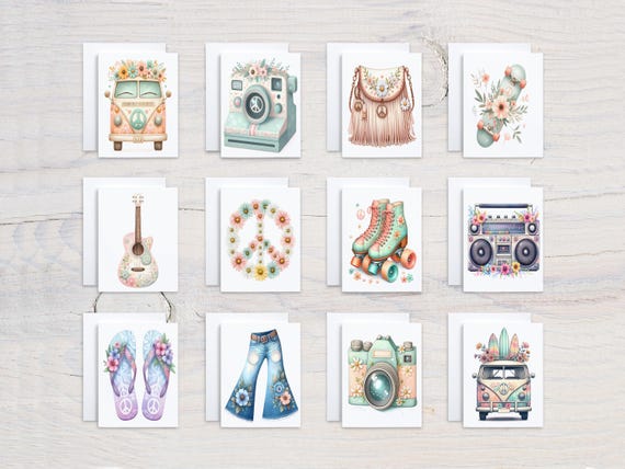 Assorted Card Set, Cute Watercolor 70s Notecards, Card Assortment Pack, Bulk Greeting Cards, Variety Pack, Everyday Cards, Birthday , CS73