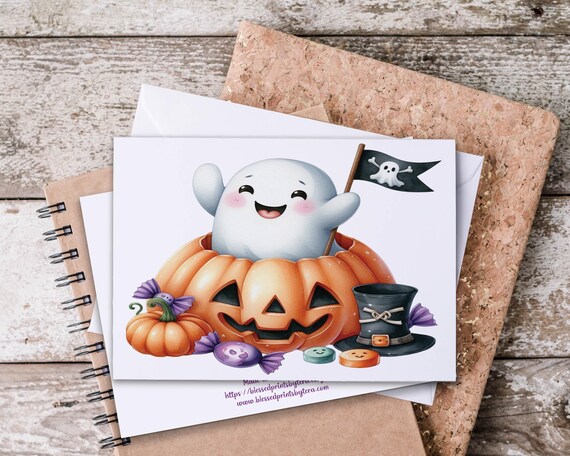 Cute Ghost in Pumpkin Notecard Set, Fall Note Cards, Watercolor Halloween, Blank Notecards, Fall Stationary, Happy Halloween Card, HN22