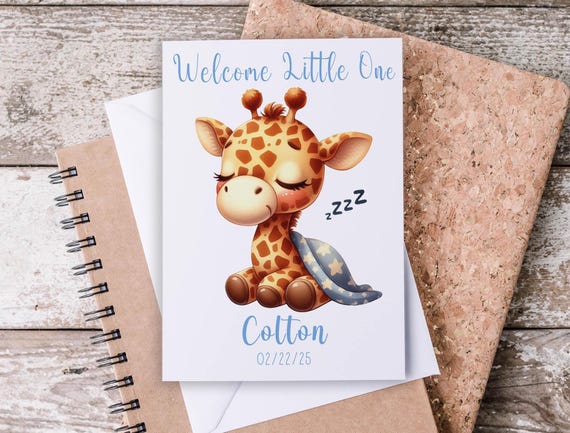 Personalized New Baby Card, New Grandson Card, Cute Giraffe, Welcome Little One, Godson Card, Newborn Card, Baby Congratulations, NB3