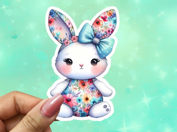 Cute Bunny Vinyl Sticker, Floral Matte Sticker, Happy Easter Sticker, Rabbit Stickers, Easter Basket Gift, Easter Gift Tags, VN9