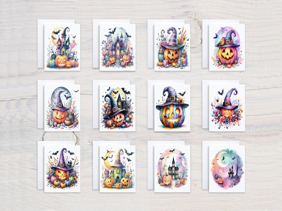 Cute Pastel Halloween Notecards Set, Fall Notecards, Halloween Stationary, Blank Notecards, Watercolor Halloween, All Occasion Cards, CS367