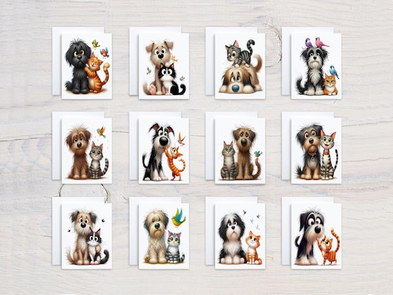 Watercolor Dog and Cat Notecard Set, Assorted Cards, Card Assortment, Cat Stationary, All Occasion Card Pack, Everyday Card Variety, CS315
