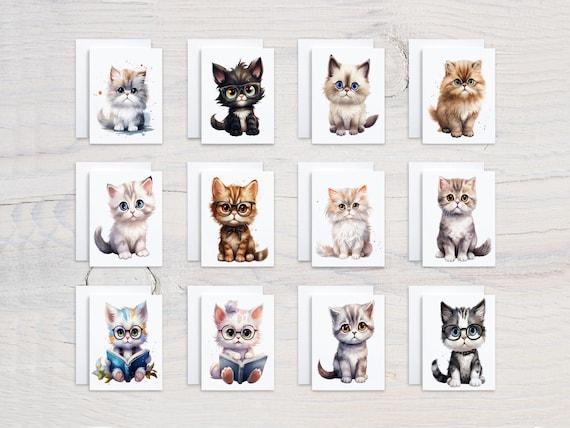 Cute Watercolor Cat Notecards, Card Assortment, Variety Pack, Everyday Card, All Occasion Cards, Just Because Card. Thankyou Card, CS144