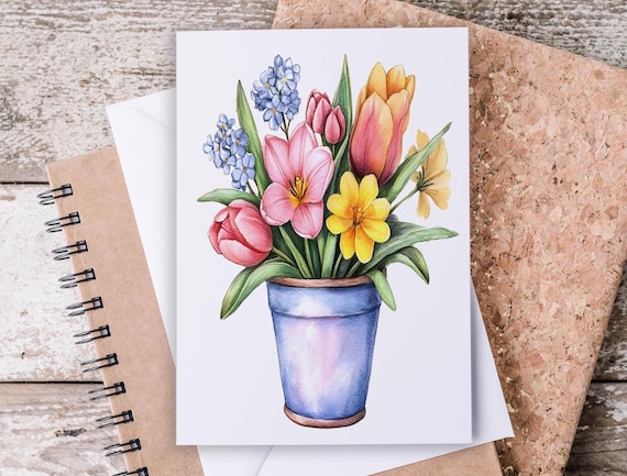 Card Set with Watercolor Flower Bouquets, Wildflowers Bouquet, Summer Wildflowers, Stationary, Greeting Card, Just Because Card, EC6