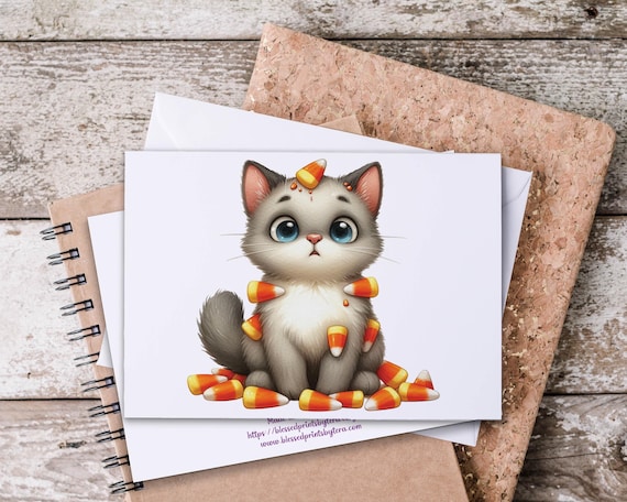 Cute Cat Covered in Candy Corn Notecards, Everyday Notecards, Blank Notecards, Cute Cat Stationery, Set of Notecards, Happy Halloween, HN51