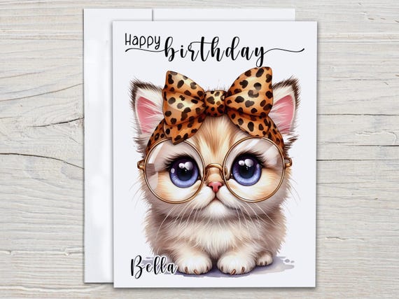 Personalized Cat Birthday Card, Cute Cat Birthday, Animal Print Bow, Funny Bday Card, Bday Card for Her, Bestie Birthday Card, Sister, BC188