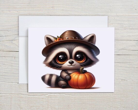 Fall Raccoon Notecard Set, Cute Raccoon Notecards, Halloween Greeting, Autumn Wildlife Card, Blank Greeting Cards, Trash Panda, EC409