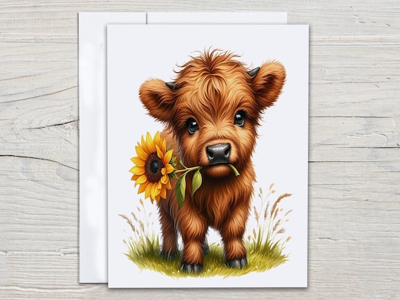 Baby Highland Cow Notecard Set, Everyday Cards, Miss You Card, Blank Notecard, Birthday Card Pack, Sunflower Notecards, Thank You, EC360