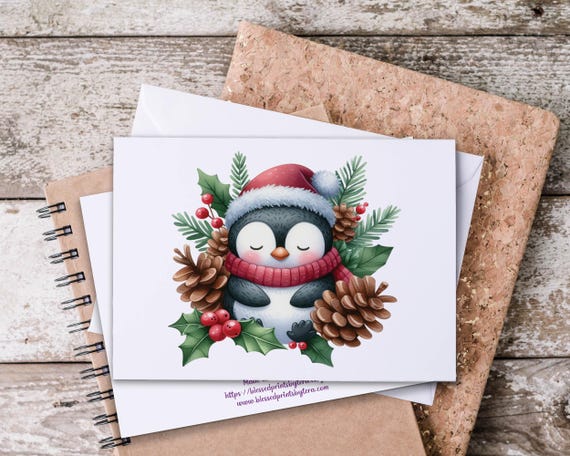 Penguin Christmas Notecards Set, Cute Christmas Cards, Watercolor Baby Penguin, Christmas Penguin Gift, Notecards for Penguin Lovers