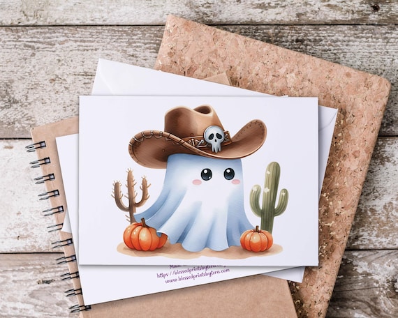 Halloween Cowboy Ghost Notecard Set, Cute Western Ghost Cards, Snail Mail Notecards, Everyday Card, Blank Cards, Halloween Cowgirl, HN38