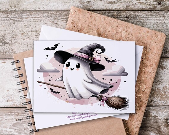 Ghost Witch Notecard Set, Halloween Notecard, Card Assortment, October Card, Autumn Witch, Flying Ghosts, Fall Greeting Card, HN28