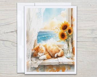 Cat Notecards, Watercolor Cat in Window, Sunflowers, Cat Stationary, Notecard Set, Blank Notecards, All Occasion Cards, Greeting Card, EC312