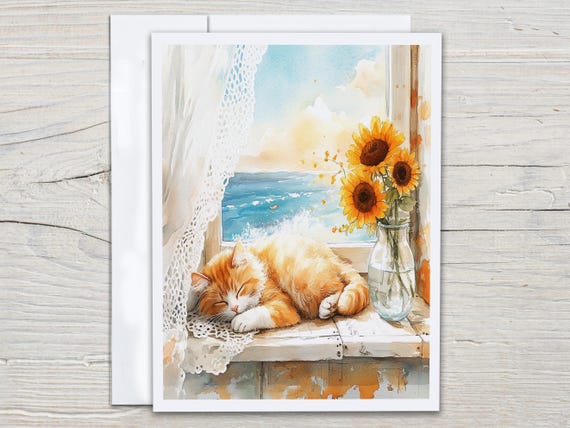 Cat Notecards, Watercolor Cat in Window, Sunflowers, Cat Stationary, Notecard Set, Blank Notecards, All Occasion Cards, Greeting Card, EC312