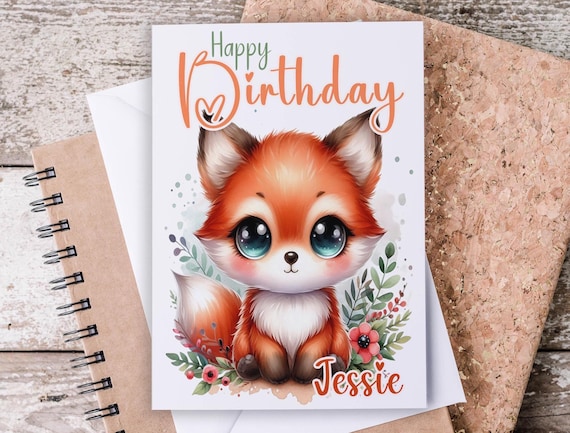Personalized Fox Bday Card, Cute Fox Greeting Card, Happy Birthday Card, Childrens Birthday, Fun Birthday Cards, Happy Bday Card, BC41