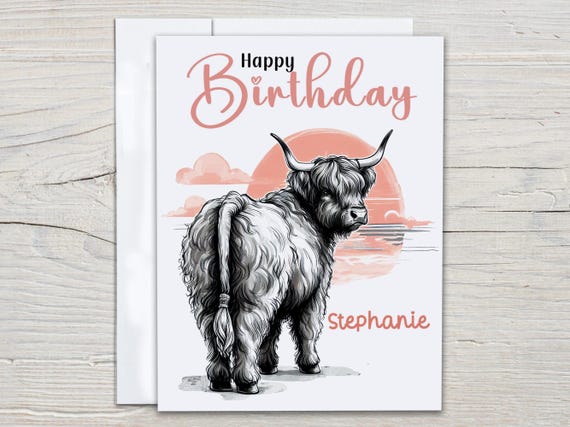 Personalized Cute Highland Cow Birthday Card, Cow Card, Happy Bday Card, Cow Birthday, Best Friend Bday, Bestie Birthday Card, BC144