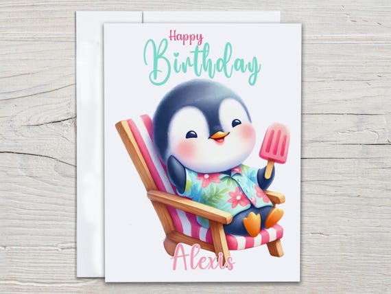 Personalized Penguin Birthday Card, Cute Watercolor Art, Bestie Birthday Card, 30th Birthday, Bday Card for Her, Daughter Bday Card, BC153