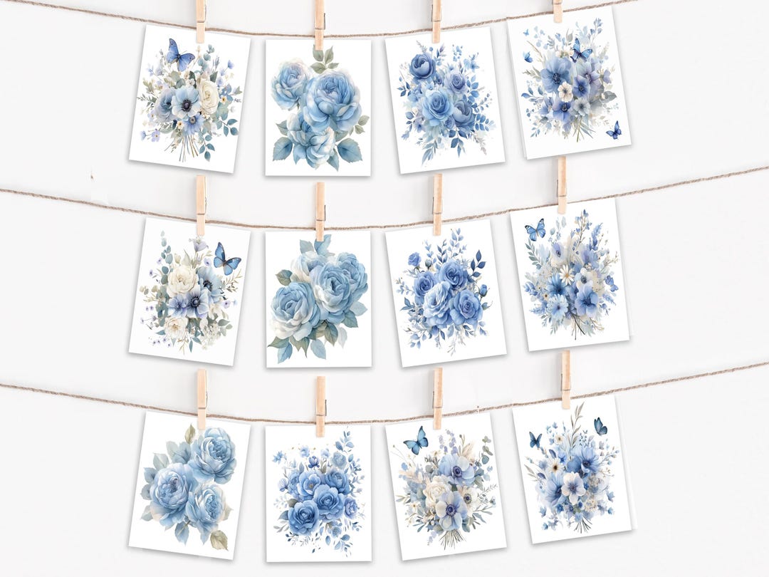 Assorted Cards Variety Pack, Dusty Blue Flower Greeting Cards, Blank ...