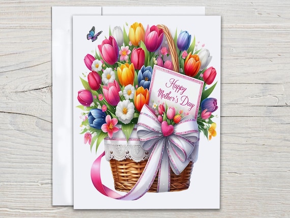 Happy Mother's Day Card, Floral Mother's Day, Cute Basket of Flowers, Mother's Day Gift, Greeting Card, Card for Mom, Floral Card, MD36