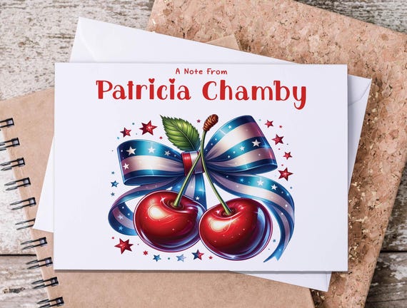 Coquette Cherry Personalized Note Cards, Cherry Bow Stationery, Custom Notecards, Cherry Cards, Custom Stationary, Fourth of July Cards,NC16