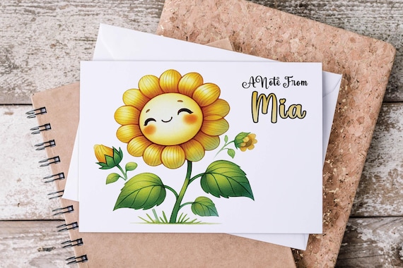 Personalized Kawaii Sunflower Note Cards, A2 Sized, Folded with Envelopes, Custom Stationary, Cute Stationery, Aesthetic Notecards