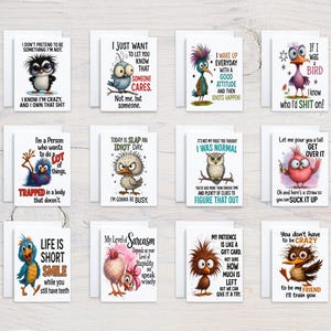 May include: A collection of greeting cards featuring cartoon birds with humorous phrases. Each card has a white background and a unique bird illustration with text like "I know I'm crazy, and I own that shit."
