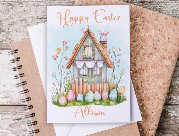 Happy Easter Card, Personalized Easter Card, Cute Cottage Design, Kids Easter Card, Handmade Greeting Card, Kids Easter, GC32
