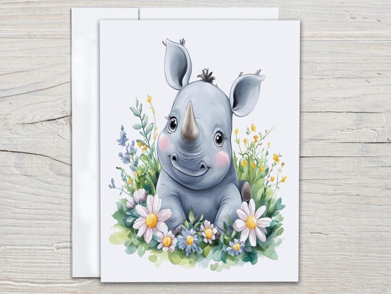 Watercolor Rhino Notecard Set, Everyday Cards, All Occasion Cards, Blank Notecards, Snail Mail, Note Card, Just Because Card, EC370