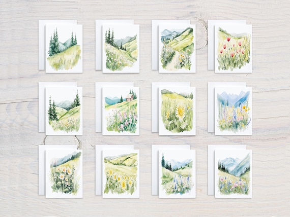 Assorted Watercolor Mountain Landscape Cards, Birthday Card Pack, Bulk Cards, Just Because Card, Notecard Set, Mountain Scene, CS133