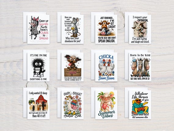 Funny Animal Notecard Set, Snarky Saying Cards, Card Assortment, Blank Notecards, Just Because Card, Everyday Card, All Occasion, CS335