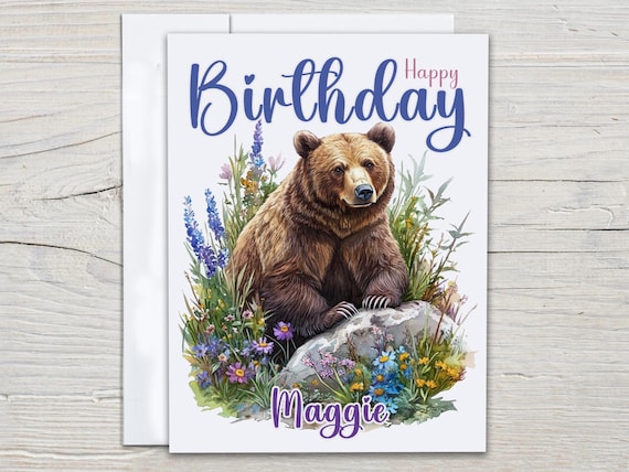Personalized Watercolor Bear Bday Card, Bear Illustration, Pretty Birthday Card, Bday Card For Her, For Mom, Bestie, Wildlife, BC259