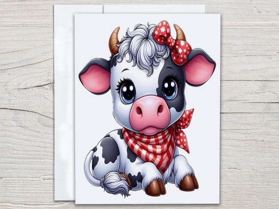 Kawaii Cow Notecard Set, Everyday Card, Miss You Card, Blank Notecard, Cute Stationary, Barnyard Animals, Cow Birthday Card, Cow Card, EC341