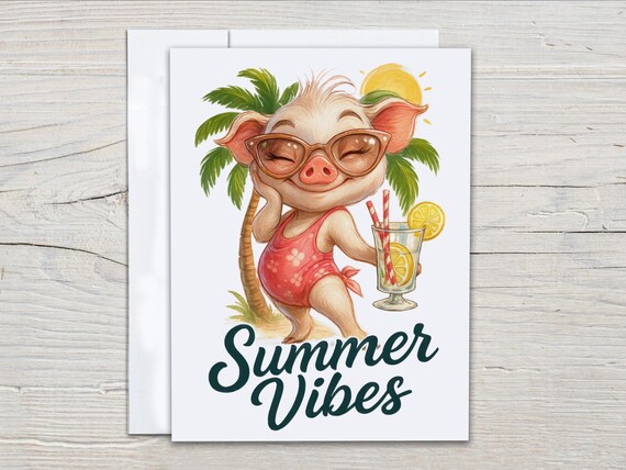 Watercolor Pig Summer Vibes Card, Miss You Card, All Occasion Cards, Pink Pig Art, Notecard Set, Summer Greeting Card, Just Because, EC390