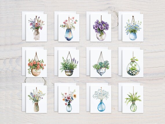 Cute Hanging Flowers Card Assortment, Variety Pack, All Occasion Cards, Blank Notecard, Watercolor Bouquet, Bulk Cards, Assorted Card, CS132